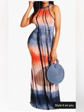 Amazon Tie-Dye Halter Maxi Dress - Coral, Navy & Cream